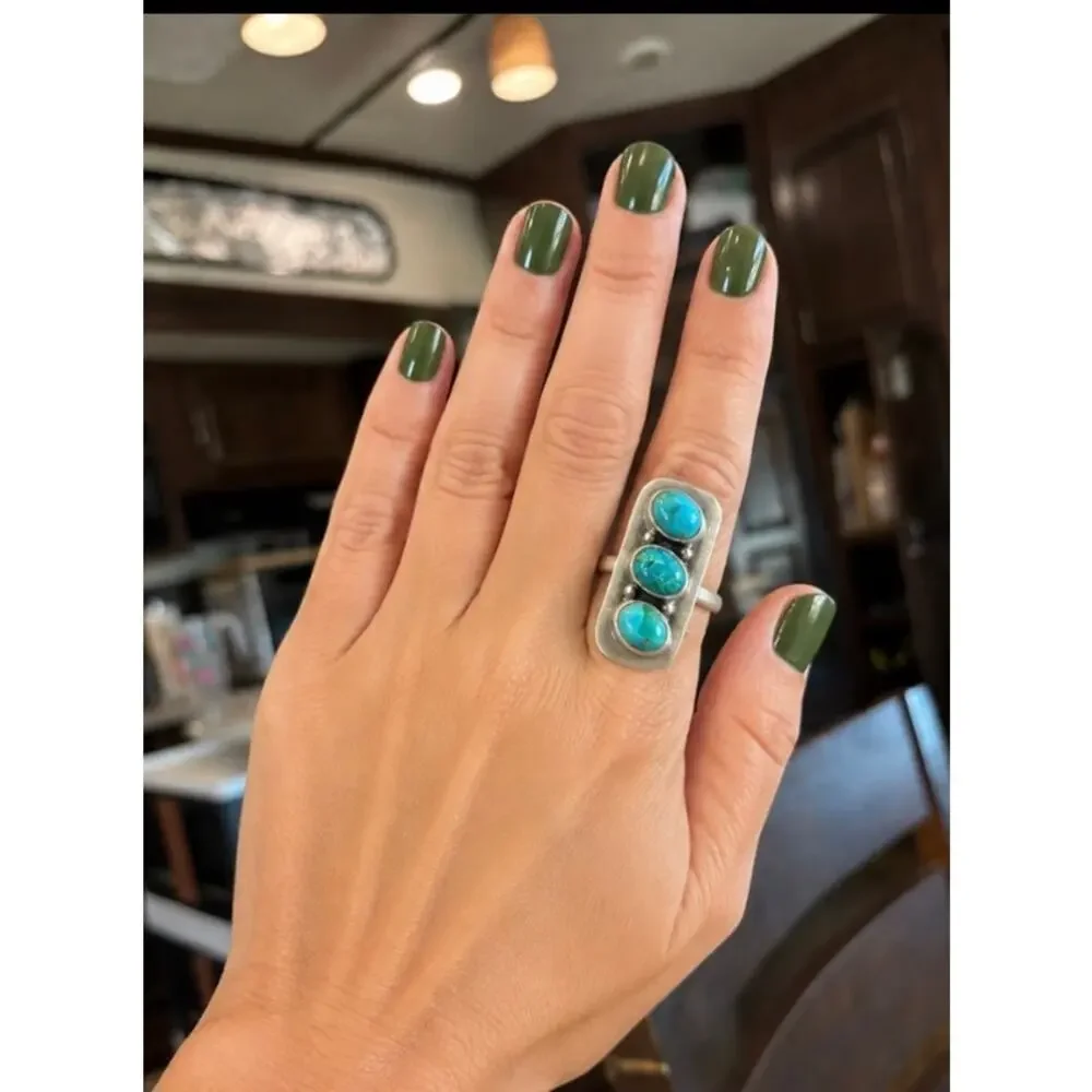 Three Stone Turquoise Sterling Silver Ring | Long Southwestern Statement Ring